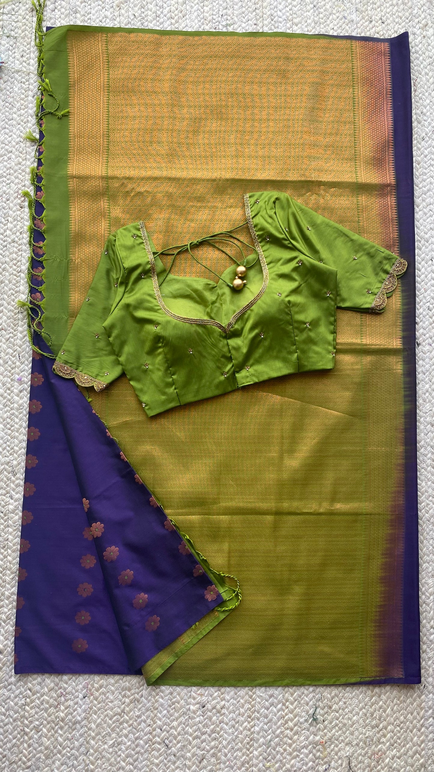 (Free full draping ) Blue silk saree with green hand worked blouse