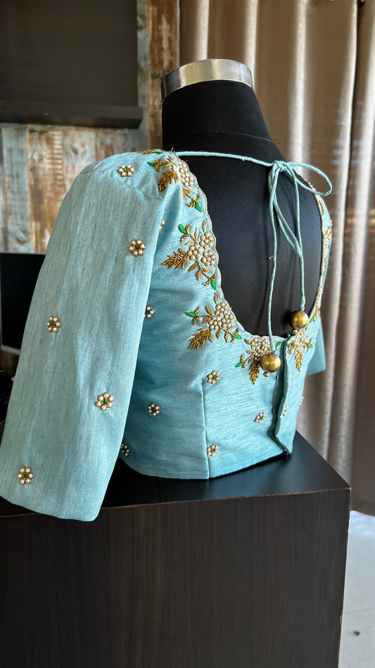 Light blue silk hand worked blouse - Threads