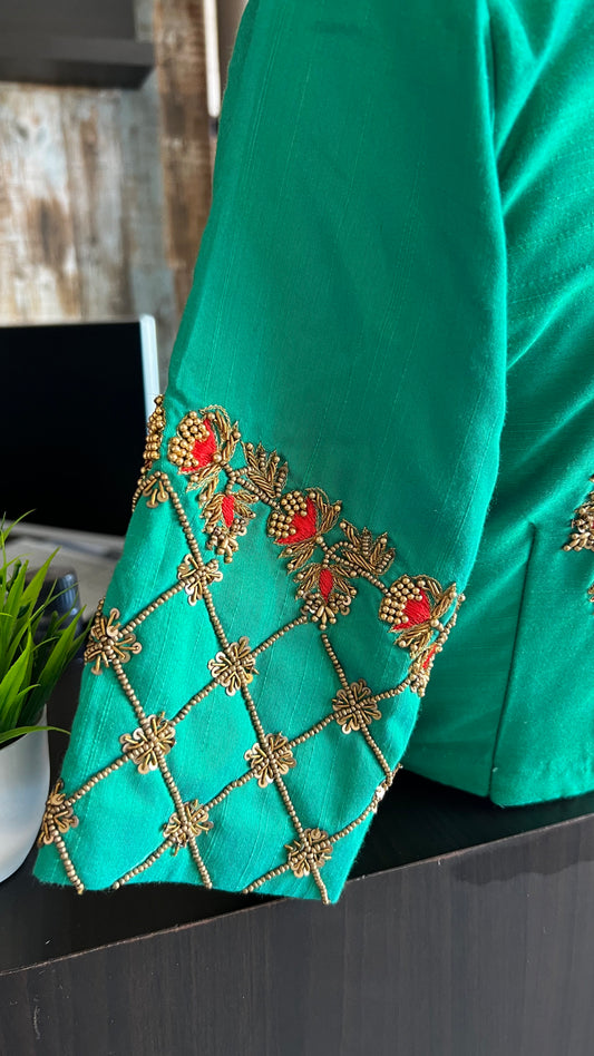 Sea green silk hand worked blouse - Threads