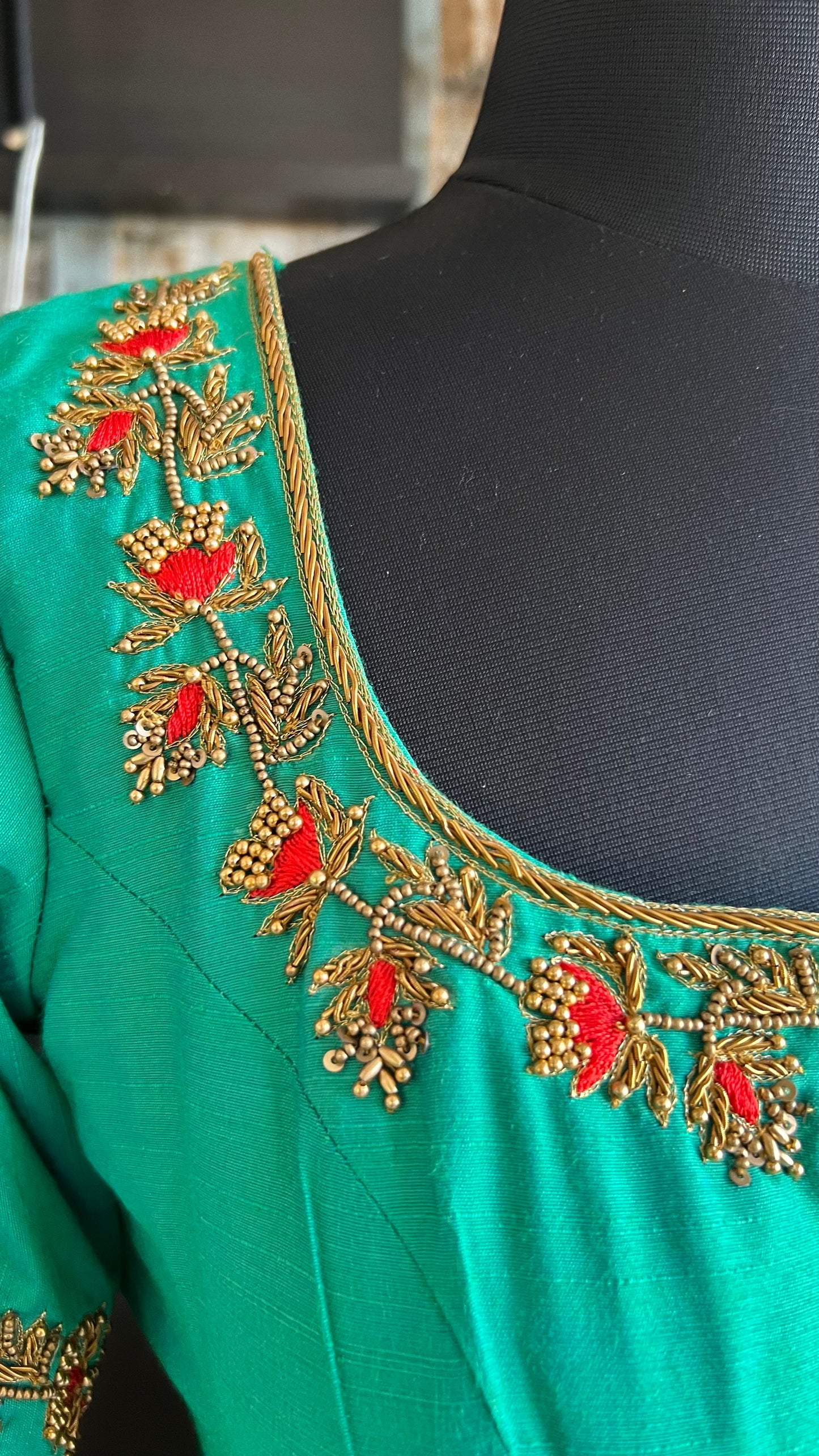 Sea green silk hand worked blouse - Threads