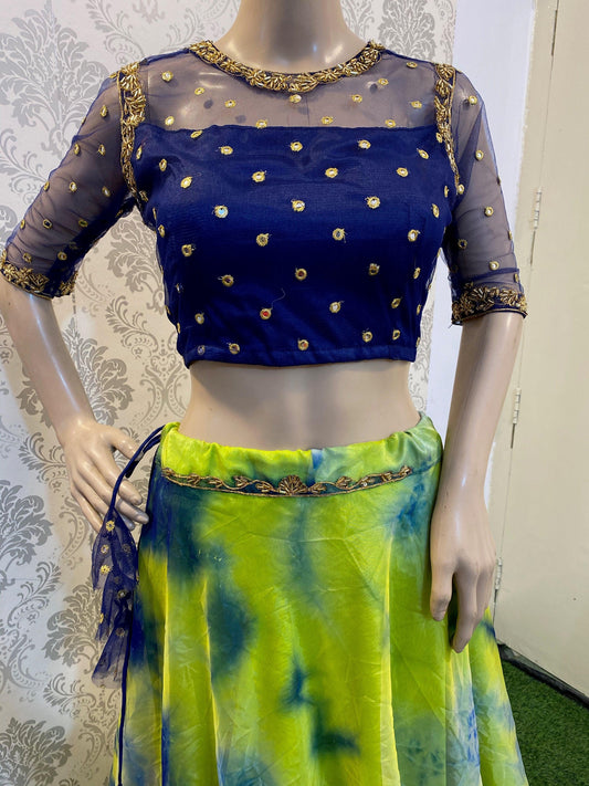 Tie and die Crop Top lehenga with hand work for neck, back and sleeves - Threads