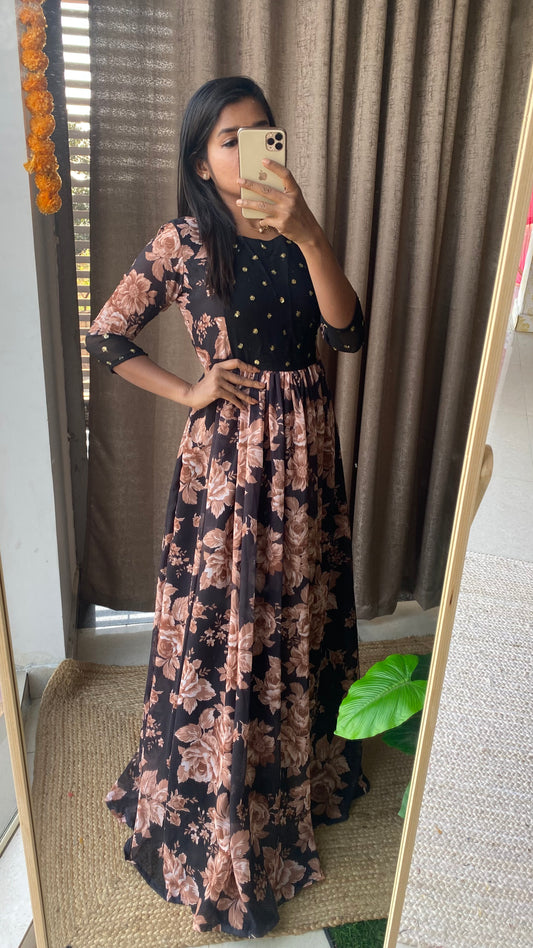 Black floral georgette full length dress