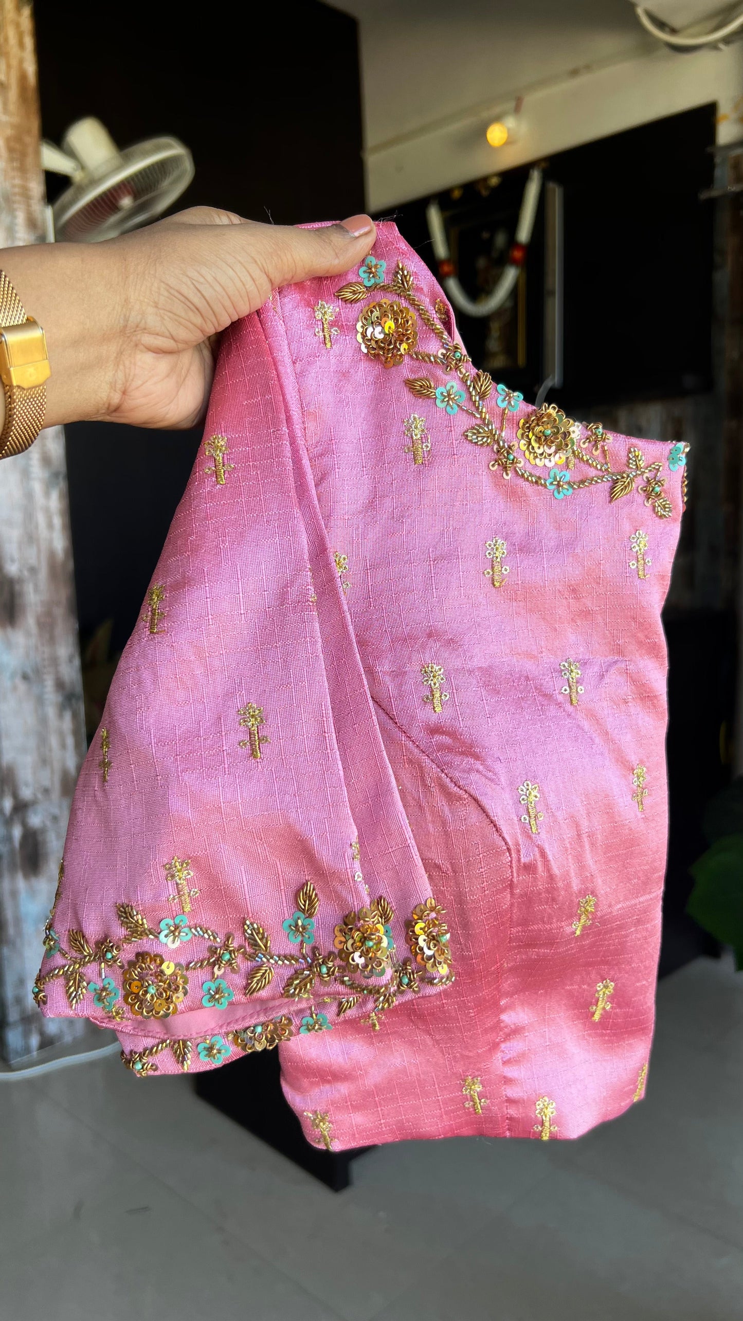 Pink rainbow saree with hand work blouse