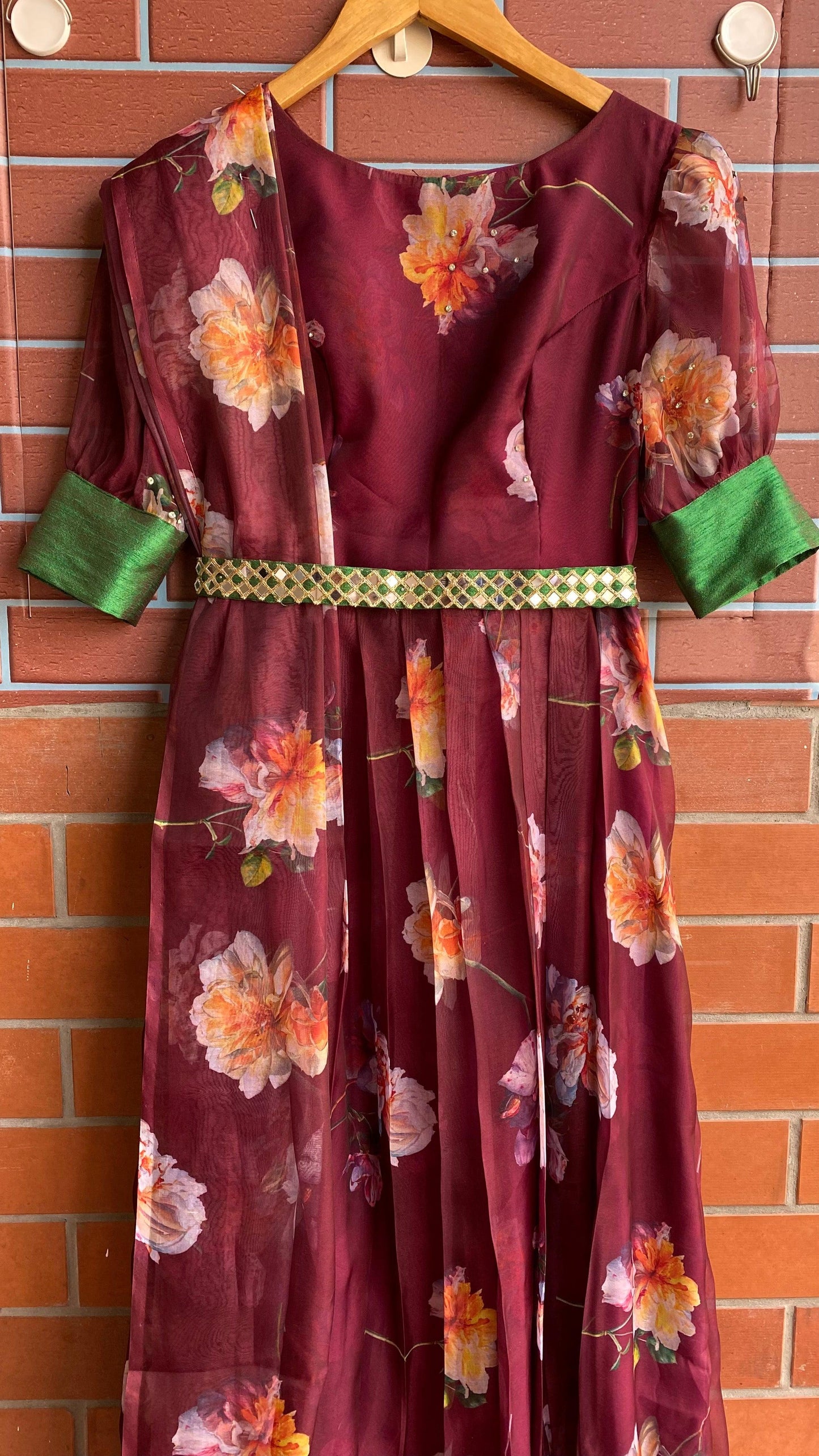 Wine floral Organza Pleated dress with duppata and Belt - Threads