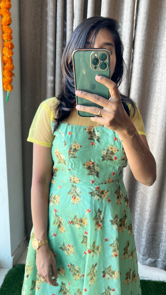 Green chanderi silk salwar suit of hand worked top - Threads