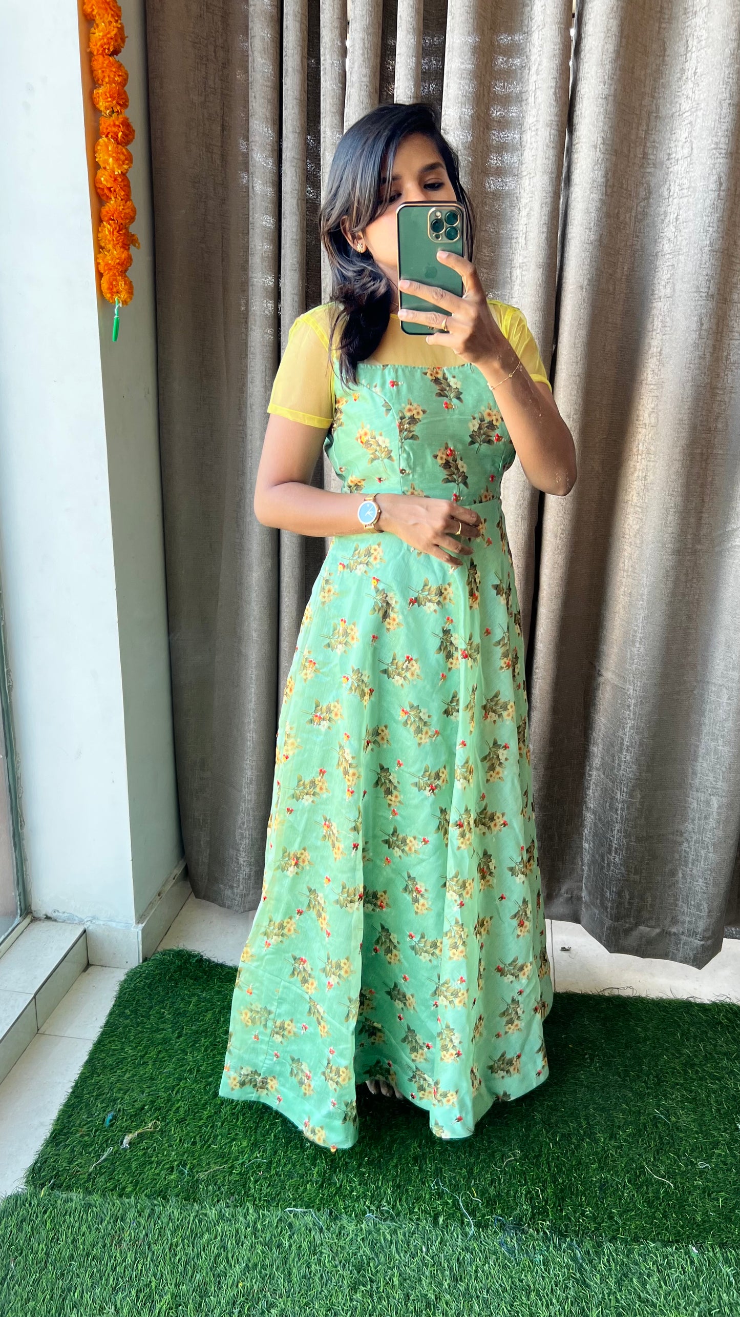 Green chanderi silk salwar suit of hand worked top - Threads