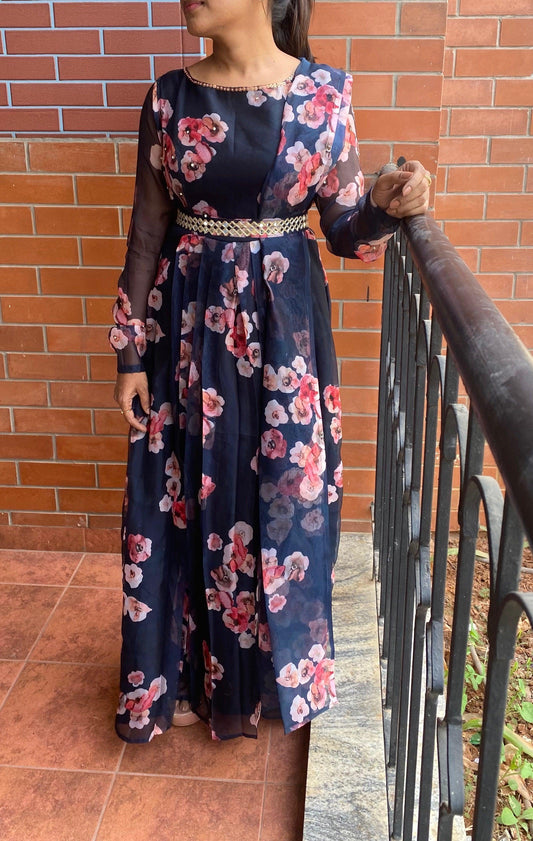 Beautiful Blue Floral silk Organza salwar with Duppata