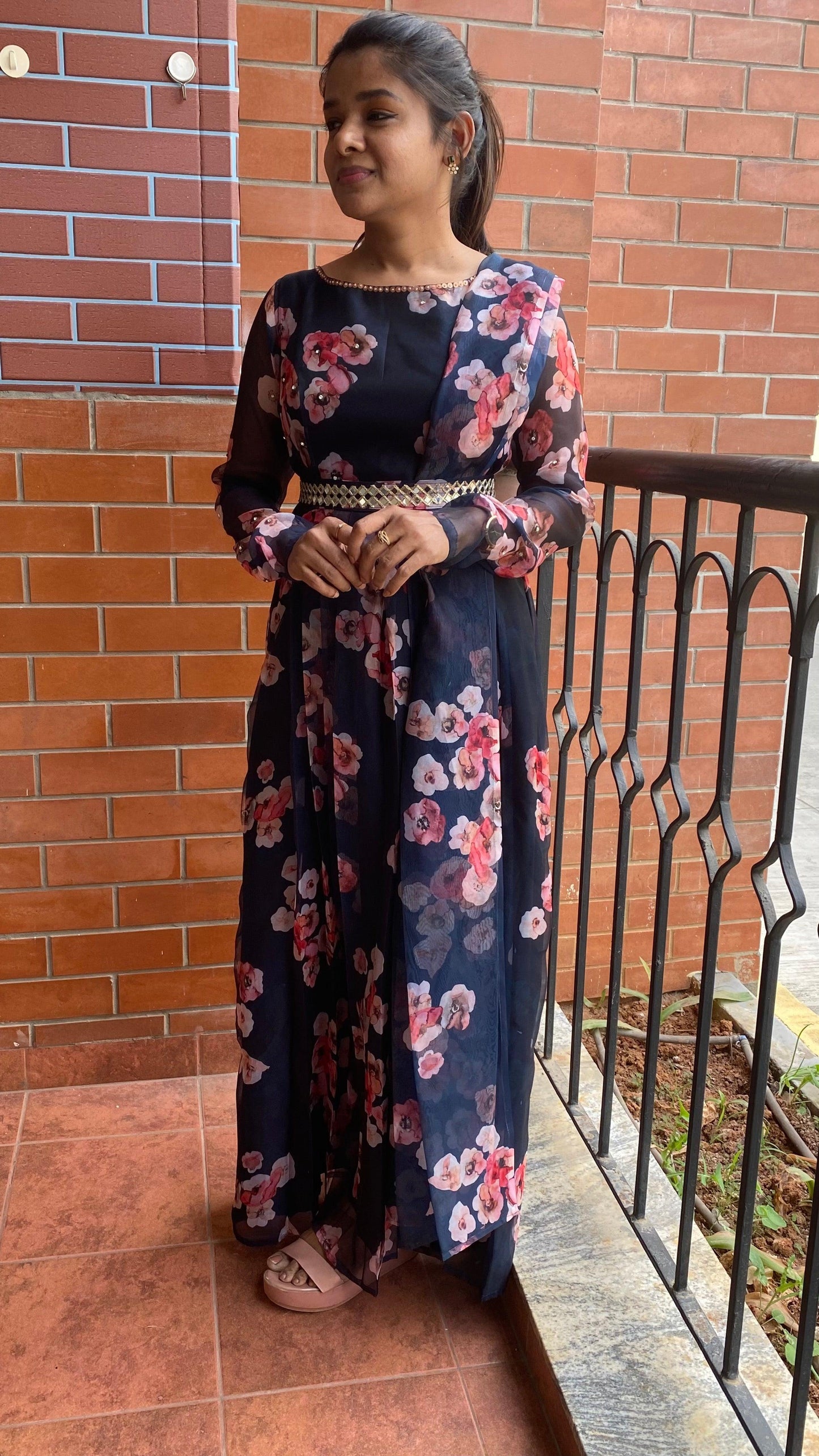 Beautiful Blue Floral silk Organza salwar with Duppata