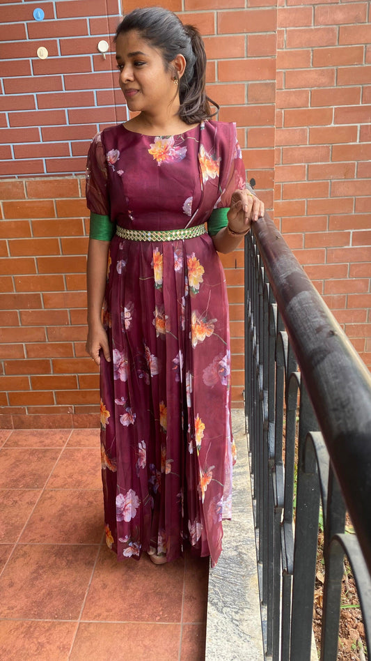 Wine floral Organza Pleated dress with duppata and Belt - Threads