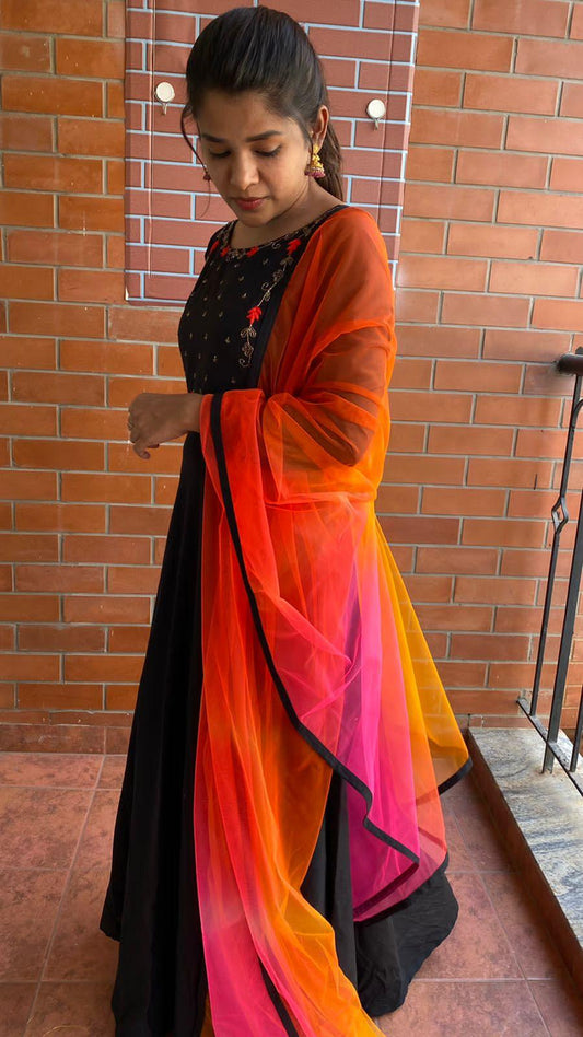 Black rose silk salwar suit of hand worked top and a red Duppata - Threads