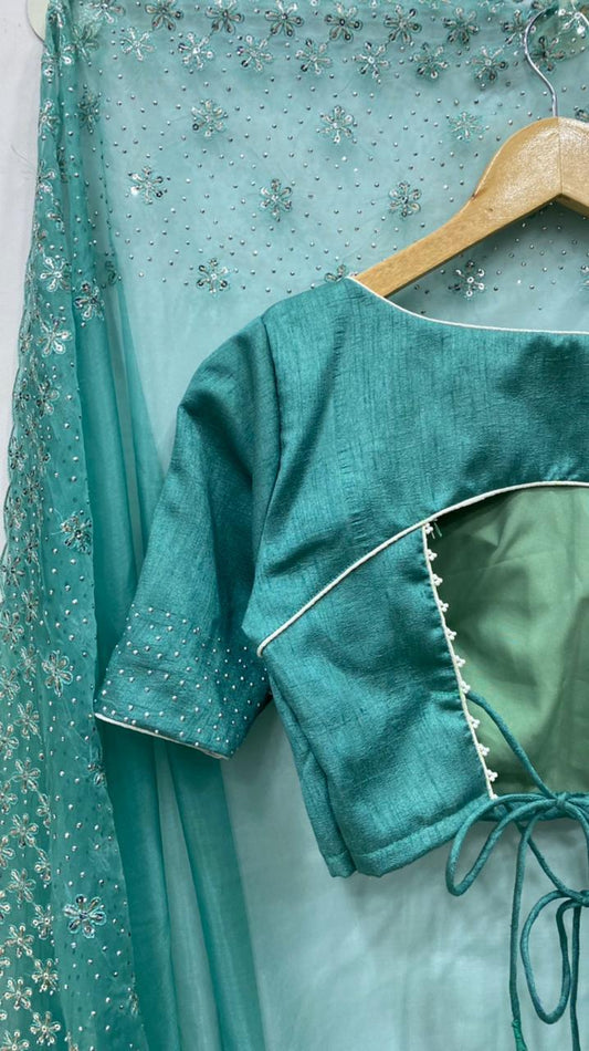 green organza embroidery saree with hand worked blouse - Threads