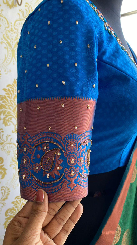 Green and blue silk saree with hand worked blouse - Threads