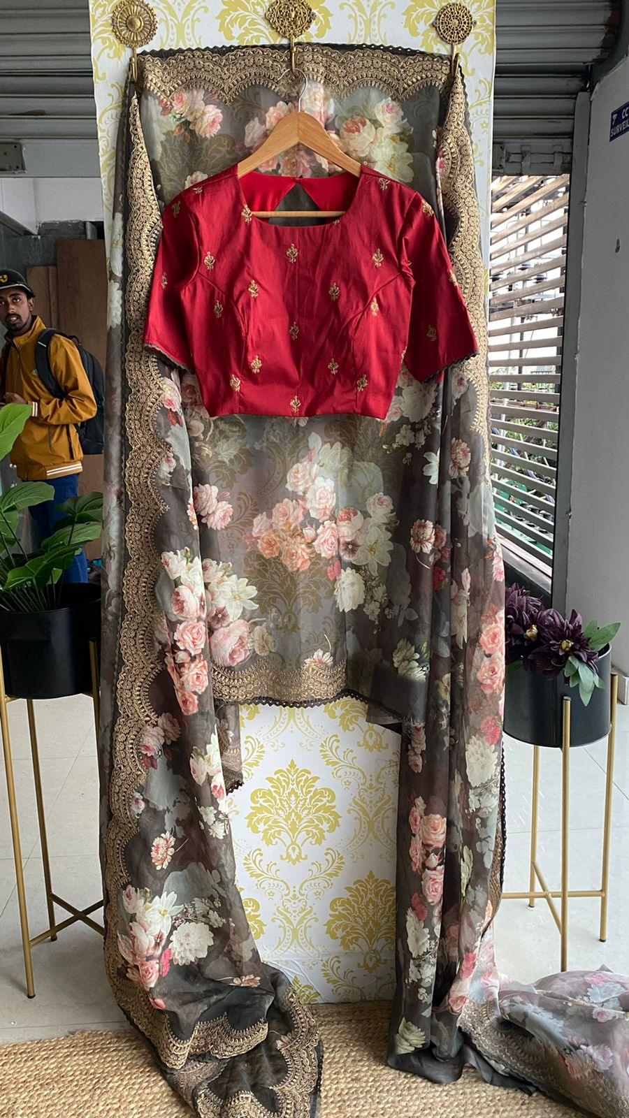 Grey organza saree with hand worked blouse - Threads