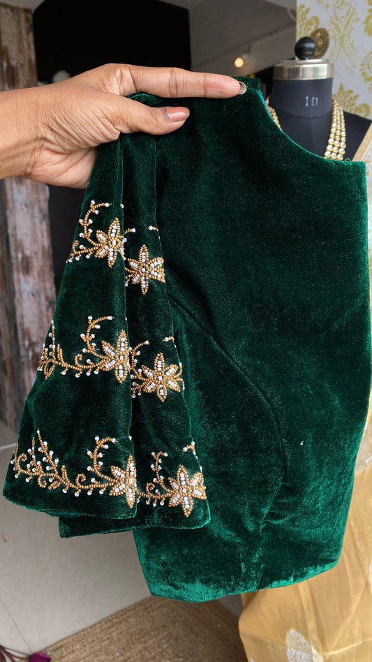 Green micro velvet hand worked blouse - Threads
