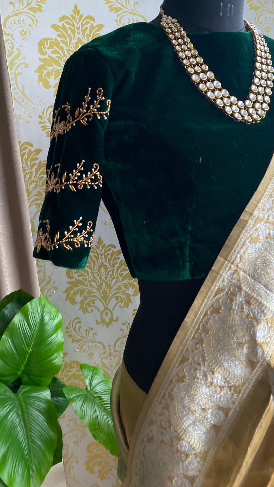 Green micro velvet hand worked blouse - Threads