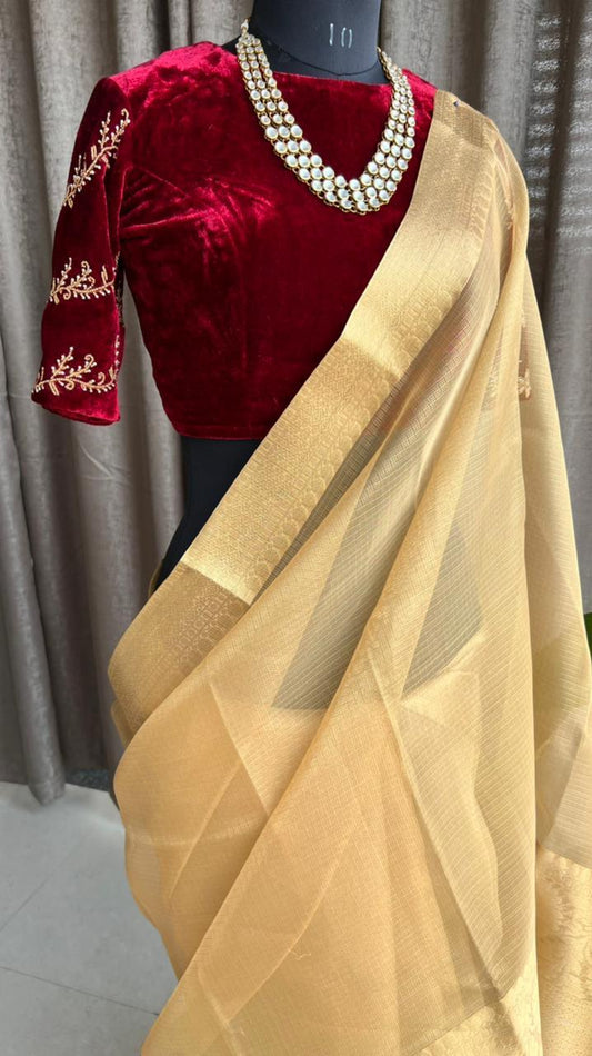 Golden kota silk saree with wine velvet hand worked blouse - Threads