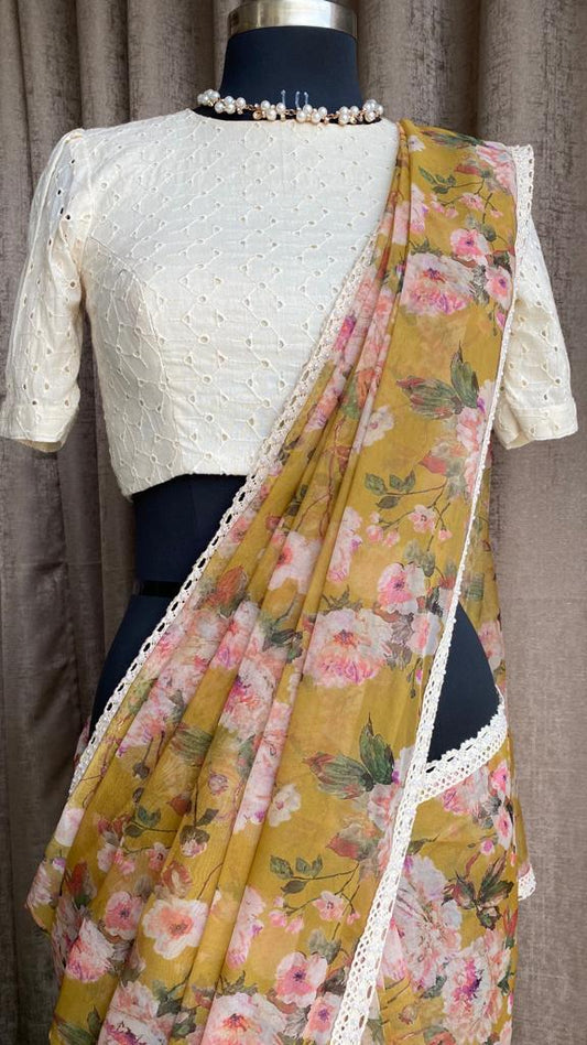 Fenu greek floral organza saree with half white embroidery blouse