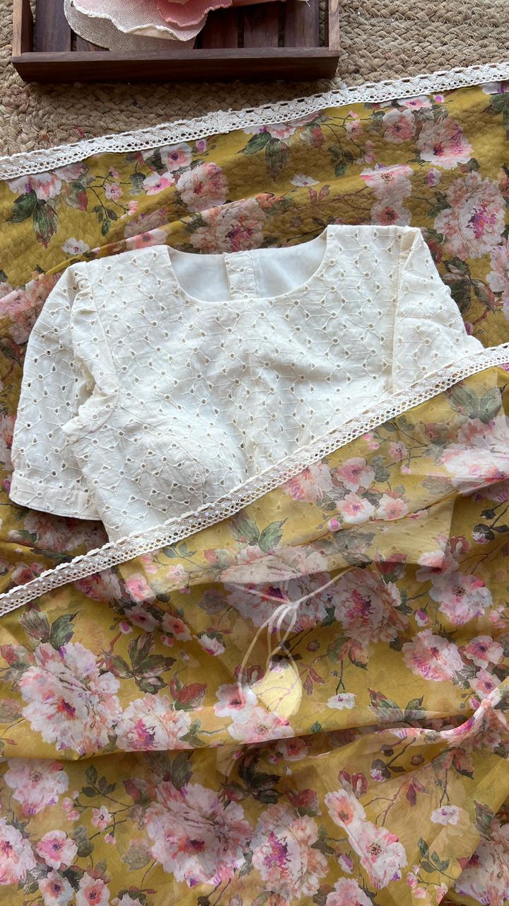 Fenu greek floral organza saree with half white embroidery blouse