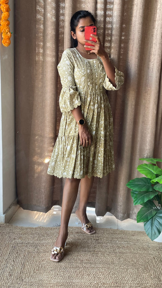 Light green Cotton printed embroidery short kurti top