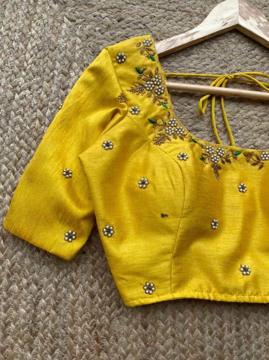 Yellow silk hand worked blouse - Threads