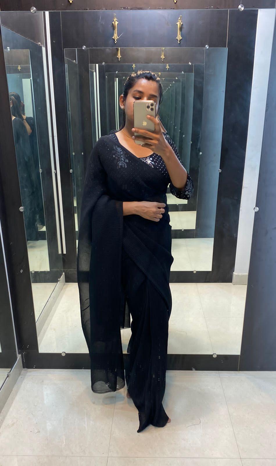 Black crushed saree with ready to wear Blouse