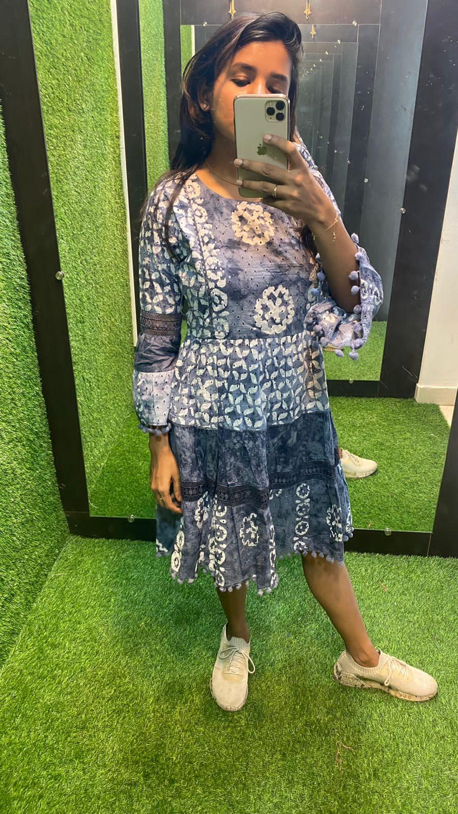 White and grey Cotton printed embroidery short kurti top - Threads