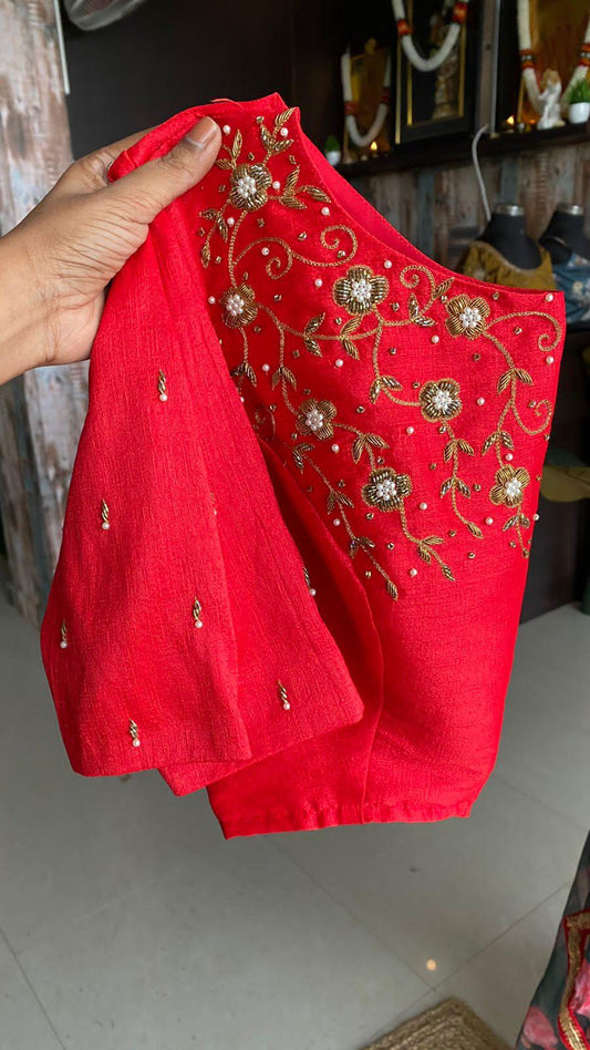 Deep blue floral soft organza saree with hand worked blouse - Threads