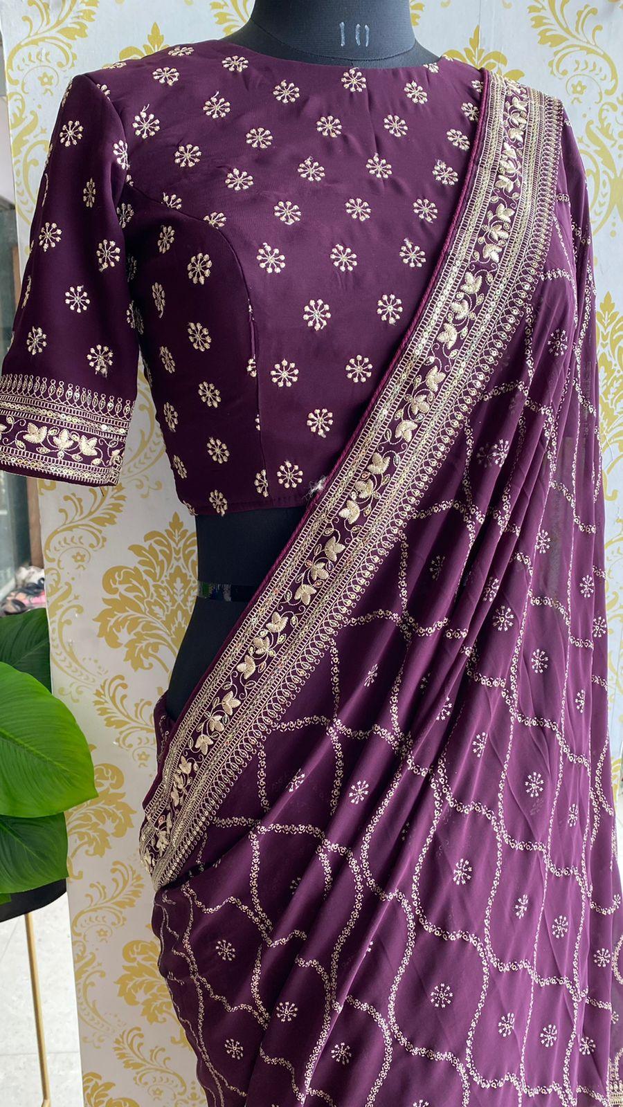 Wine georgette saree with embroidery worked Blouse - Threads