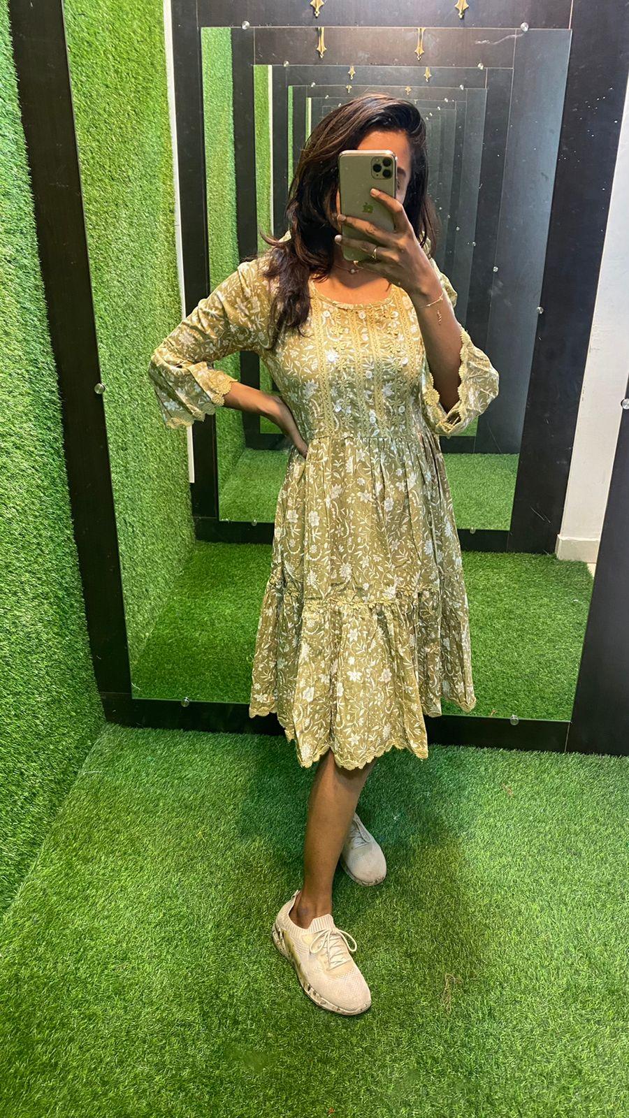 Light mehandi Cotton printed embroidery short kurti top - Threads