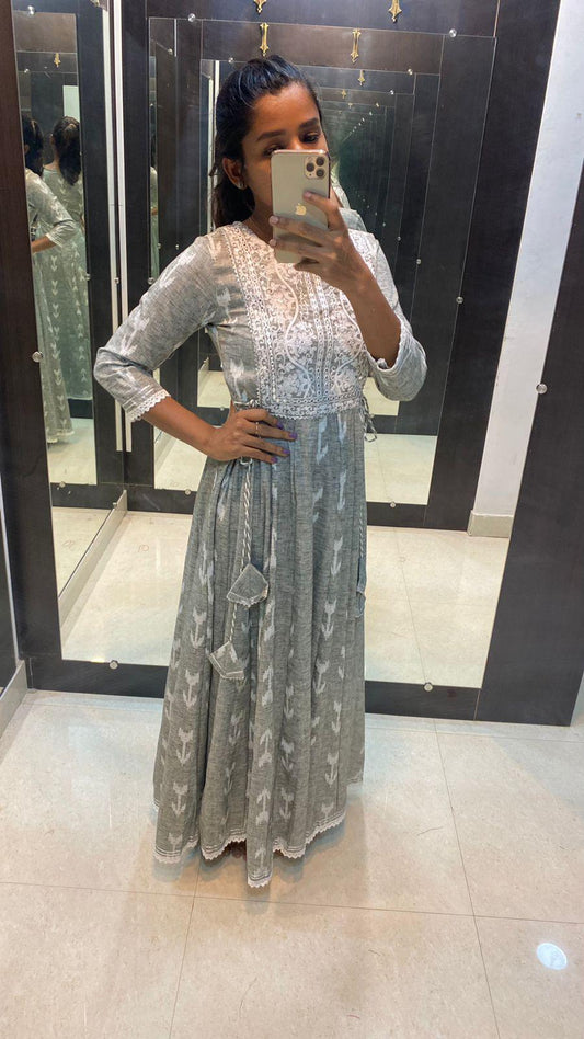 Grey Ikkart cotton kurti top with embroidery - Threads