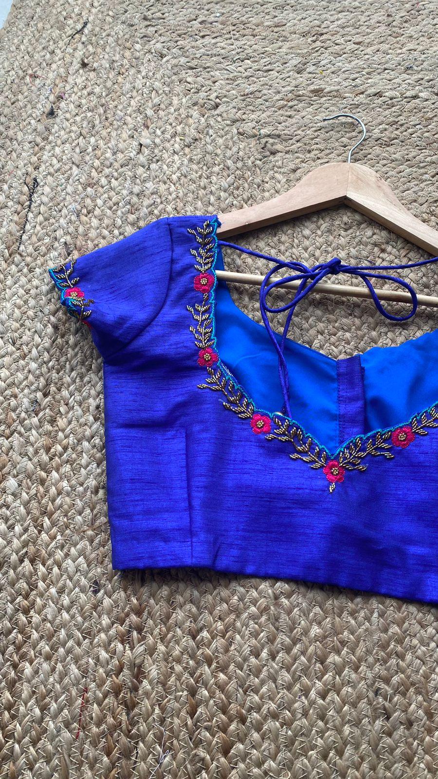 Royal Blue neck hand embroidery worked blouse - Threads