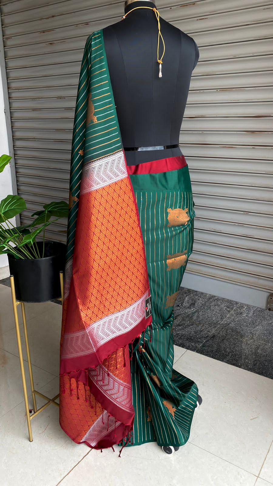Bottle green and orange Silk saree with blouse - Threads