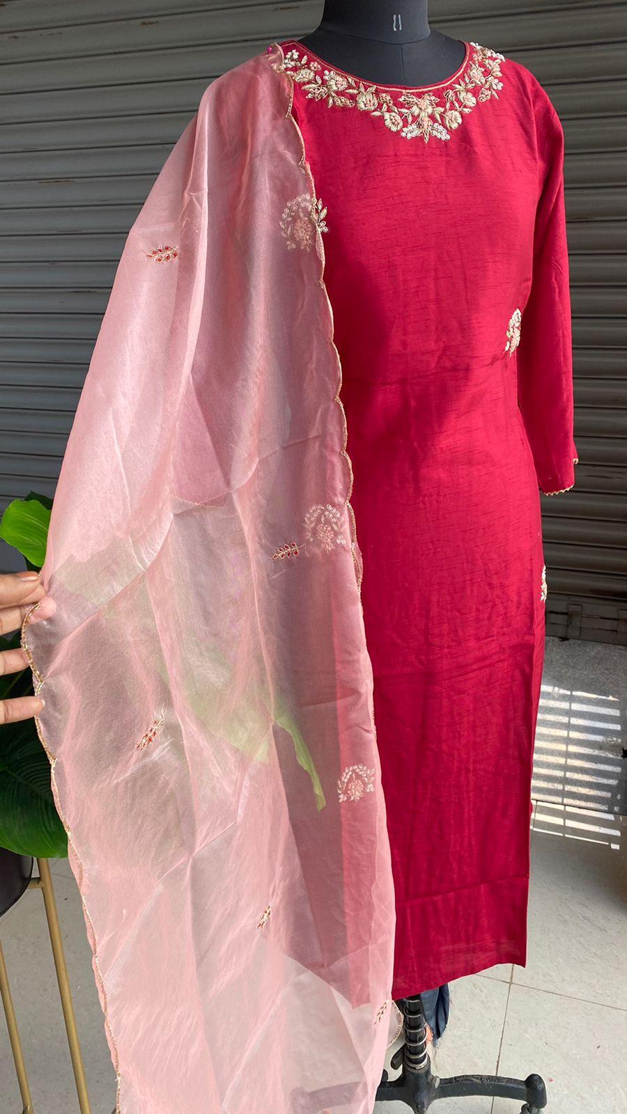 Maroon muslin silk embroidery hand worked 2 piece kurti set - Threads