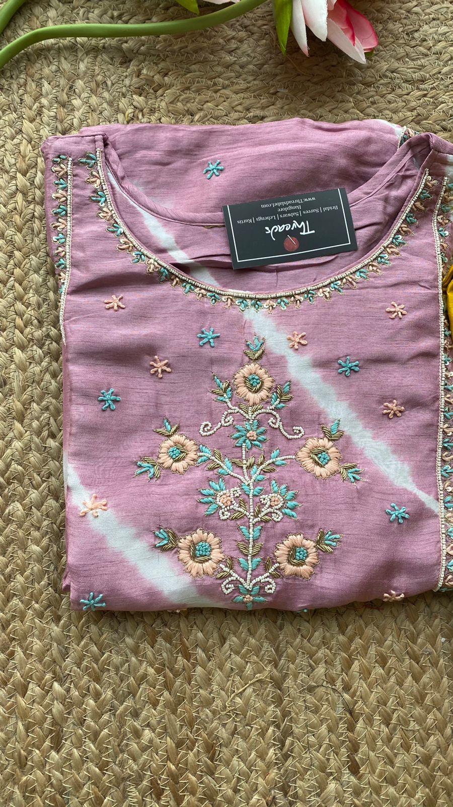 Pink chinnon hand worked embroidery 3 piece kurti set - Threads