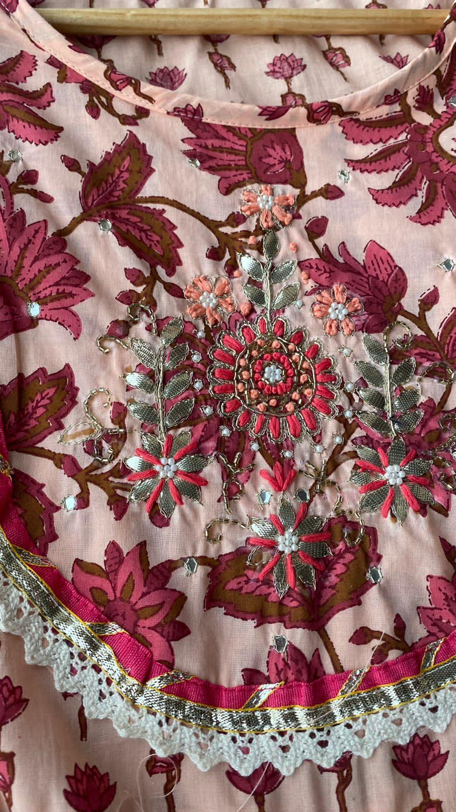 Pure cotton floral embroidery 3 piece Kurti set - Threads