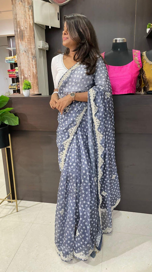 Grey Organza saree with heavy embroidery blouse - Threads