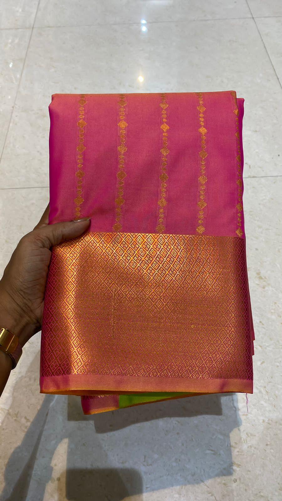 Pink and parrot green silk saree with blouse - Threads