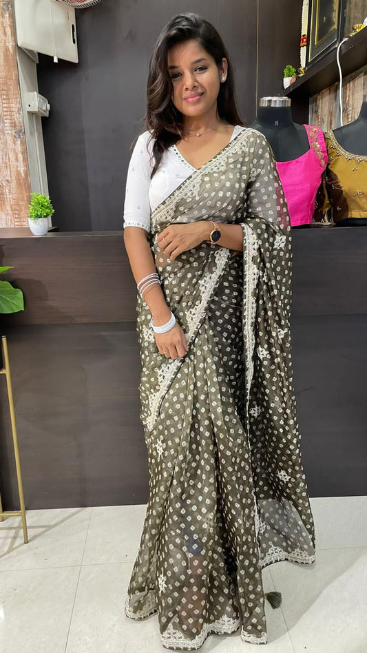 Bottle green Organza saree with heavy embroidery blouse - Threads