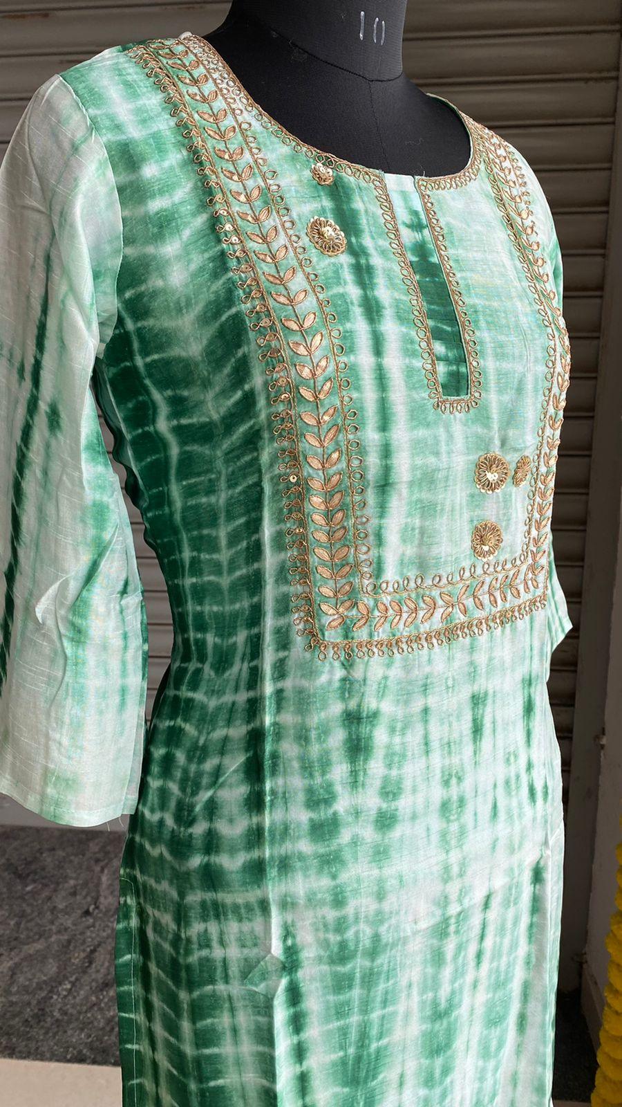 Green and white pure shibori embroidery kurti top - Threads