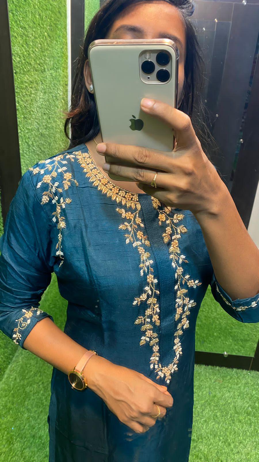 Peacock blue silk embroidery kurti top - Threads