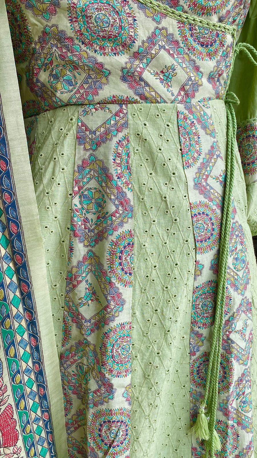Light green cotton embroidery hand worked 3 piece kurti set - Threads