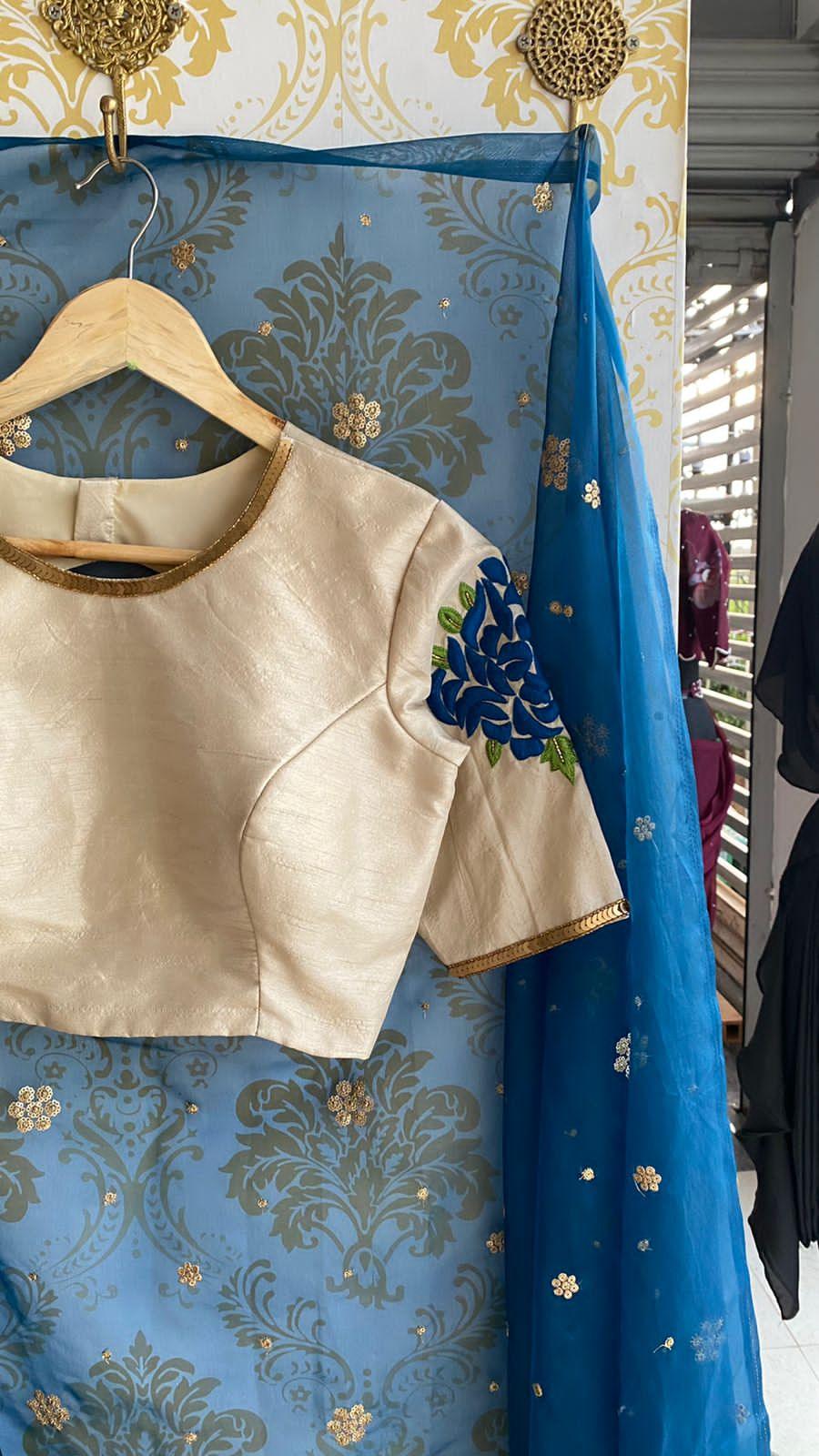 Deep blue organza saree with thread worked blouse - Threads