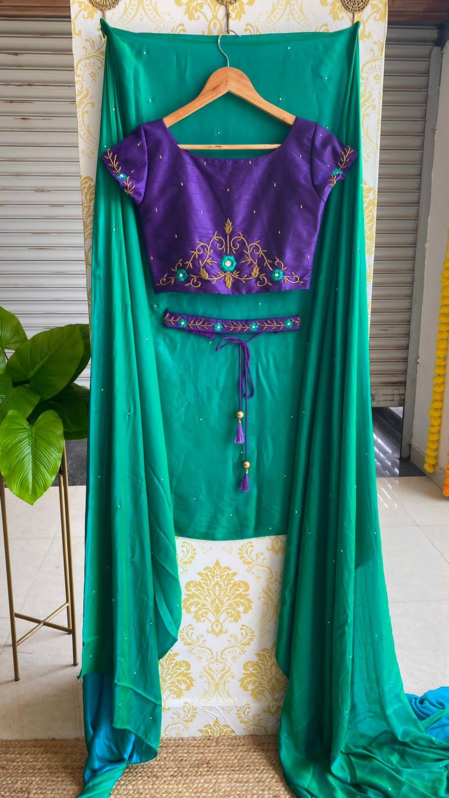 Peacock dual shade malai silk saree with purple blouse - Threads
