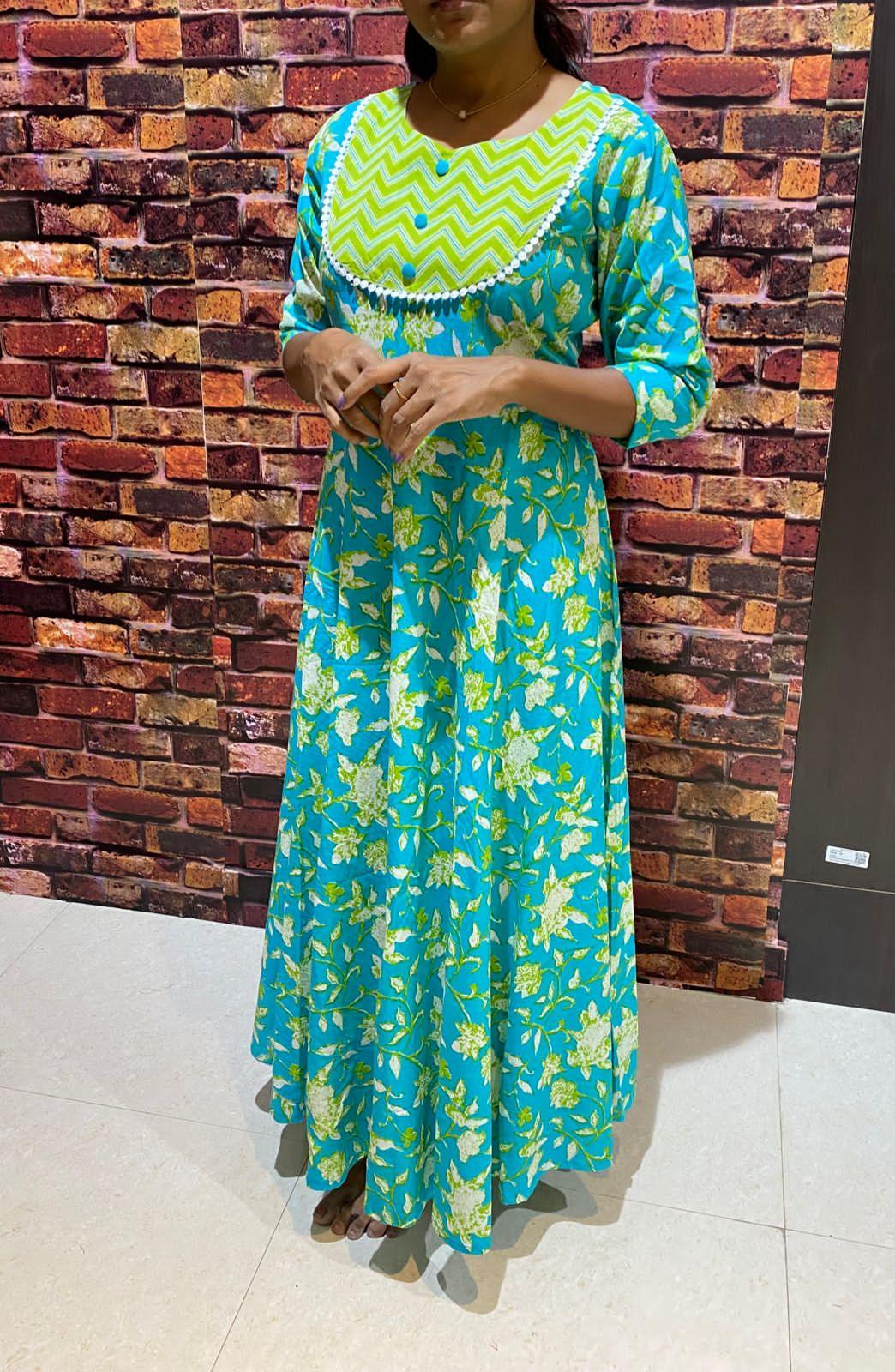 Green yellow floral printed cotton kurti top - Threads