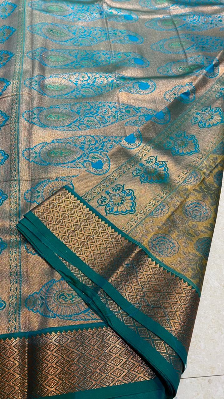 Yellow and peacock silk saree with blouse - Threads