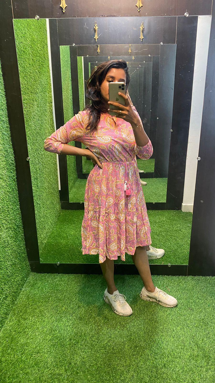 Pink and yellow floral Cotton printed short kurti top - Threads