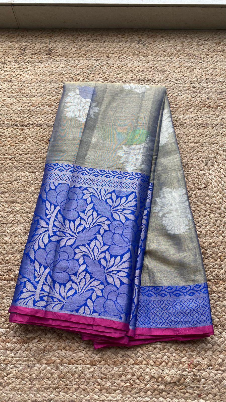 silver grey and blue silk saree with blouse - Threads