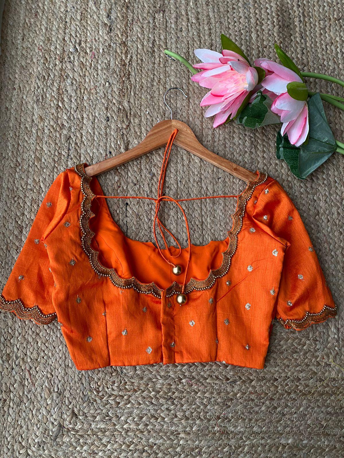 Orange Silk Scallope hand worked blouse - Threads
