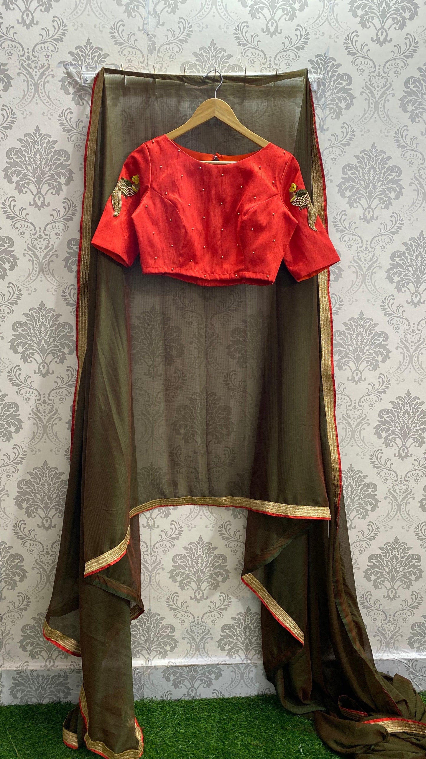 Red silk hand worked ready made blouse - Threads