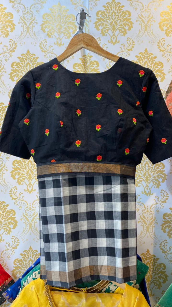 Handloom Black checked saree with embroidery blouse - Threads